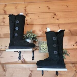 UGG Bailey Button Triplet II Suede Lambskin Boot Fur Black Suede Leather Size 7